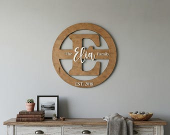 Modern Farmhouse Family Sign, Personalized Wood Monogram, Custom Last Name Circle Wall Decor
