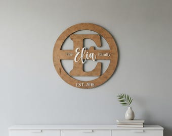 Housewarming Gift Custom Wood Sign, Family Name Monogram, Personalized Circle Wall Decor