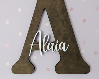 Personalized Wooden Initial Name Sign, White Acrylic Name Wall Art