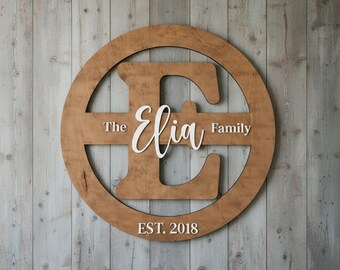 Custom Circle Name Sign, Wooden Family Monogram Decor, Personalized Last Name Wall Art