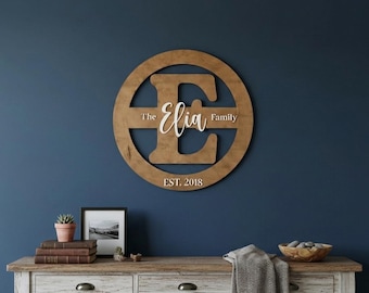 Custom Wood Circle Family Name Sign, Raised Acrylic Monogram Wall Art