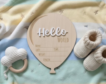 Hello World Baby Sign Custom Birth Stats Wooden Plaque