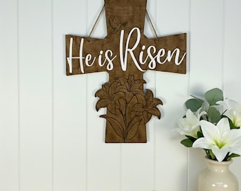 He Is Risen Wooden Cross Sign | Farmhouse Easter Wall Decor, Christian Faith 17.5" H x 15" W