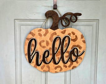 Leopard Print Pumpkin Door Hanger, Layered Hello Sign, Fall Autumn Decor