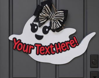 Personalized Halloween Ghost Door Sign, Custom Wooden Door Hanger
