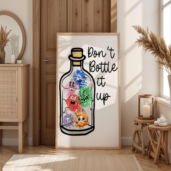 Don’t Bottle It Up Printable Wall Art | Mental Health Poster, Emotions Illustration, Office & Desk Decor Digital Download