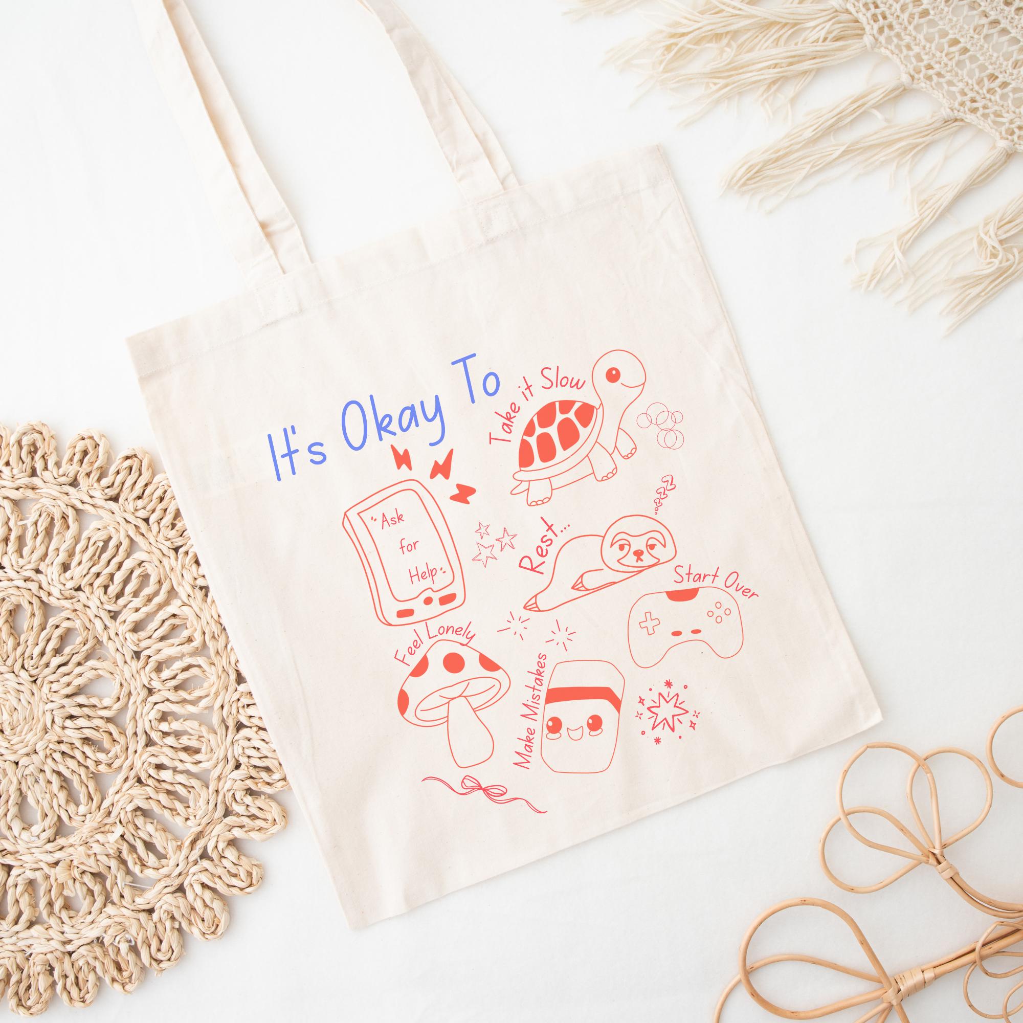 Retro Mental Health Doodle Tote Bag: Cotton Canvas Self-care