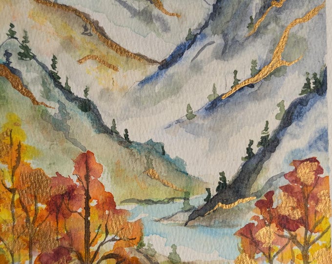 Original watercolor -  Golden sunset  12"x 6.5"