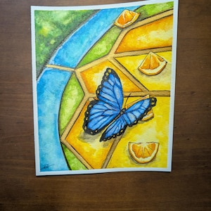 Acuarela original - Mariposa azul 23,5 x 44,5 cm