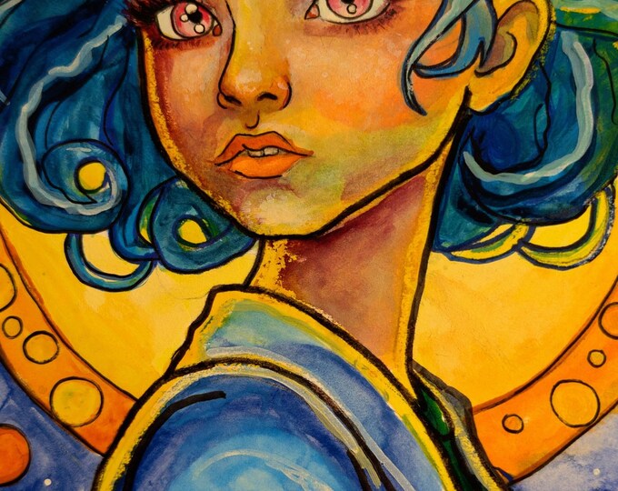 Original watercolor -  Bubble Girl 11"x 6.5"