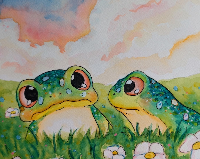 Original watercolor -  Frog Field 7.5"x7.75"