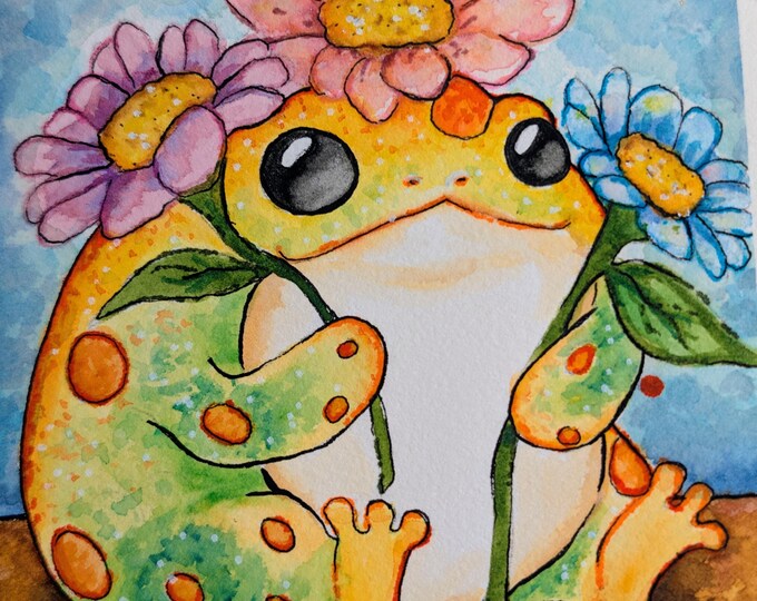 Original watercolor - Flower Frog 6.5"x5.5"