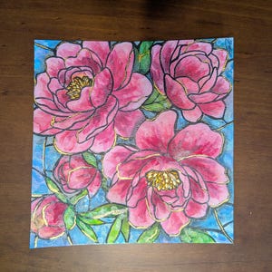 Acuarela original - Peonías de acero inoxidable 7,75" x 8"