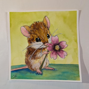 Acuarela original: Un regalo de un ratón 7,25" x 7,25"