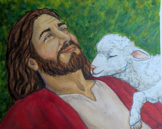 Original watercolor -  Jesus and Lamb 10.25"x 8.25"
