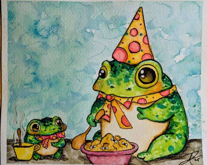 Original watercolor -  Frogy Dinner 5.5"x6.25"