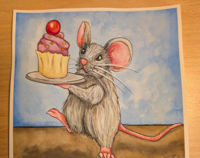 Original watercolor -  Mouse cupcake 8.5"x 9"
