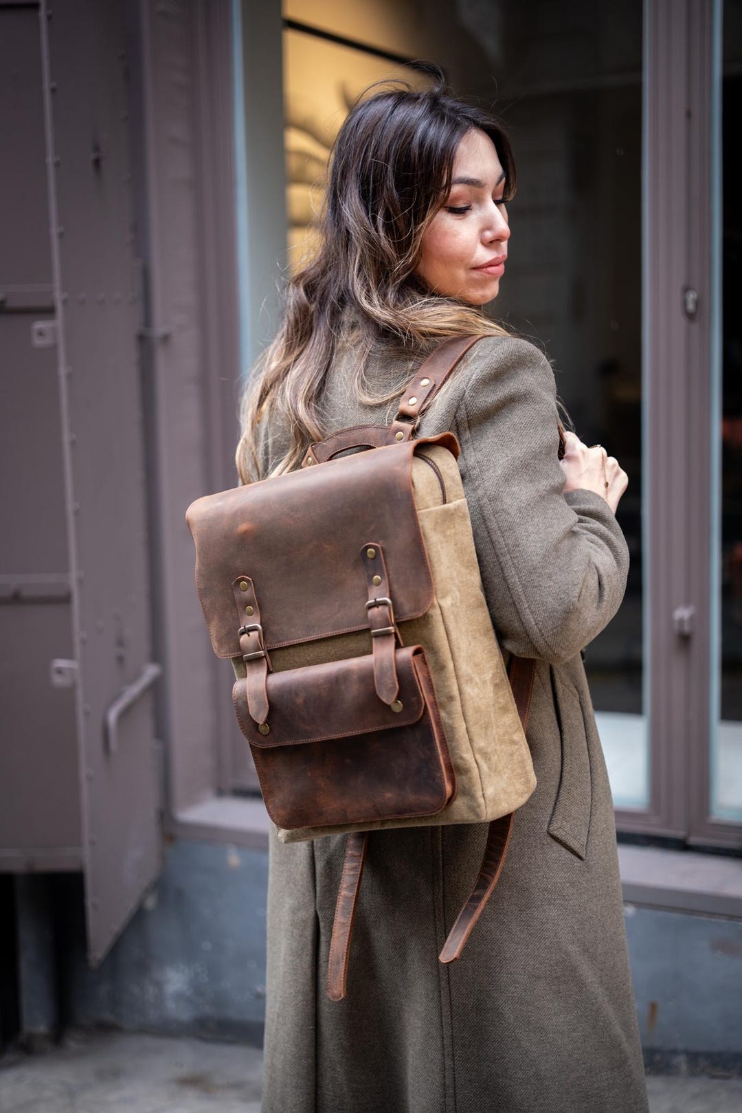 Vintage Brown Canvas & Leather Backpack – Handmade Rustic Travel ...