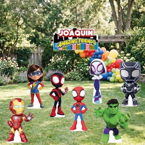 Outdoor Spidey birthday yard signs featuring Spidey, Miles Morales, Ghost Spider, Hulk and custom name sign