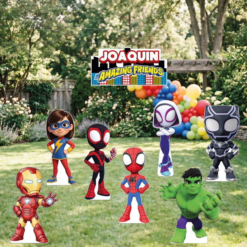 Outdoor Spidey birthday yard signs featuring Spidey, Miles Morales, Ghost Spider, Hulk and custom name sign