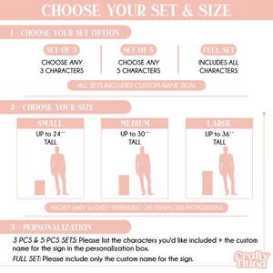 May include: An informational graphic with a light pink background and white text detailing product options. It outlines three set choices, three size categories ranging from 24 to 36 inches tall, and instructions for personalization for the Crafty Titina brand.