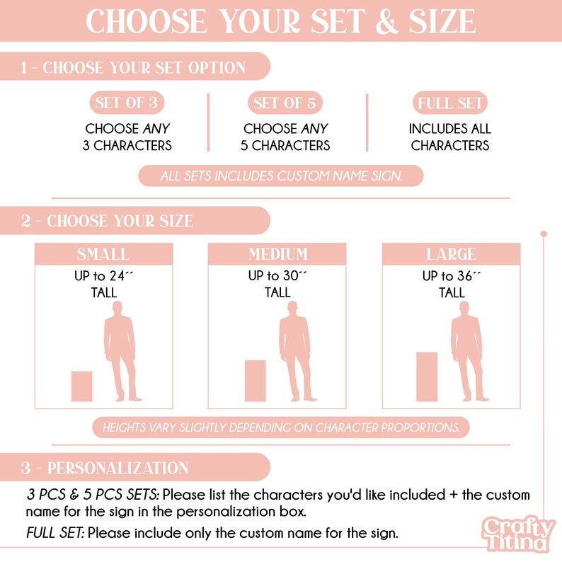 May include: An informational graphic with a light pink background and white text detailing product options. It outlines three set choices, three size categories ranging from 24 to 36 inches tall, and instructions for personalization for the Crafty Titina brand.