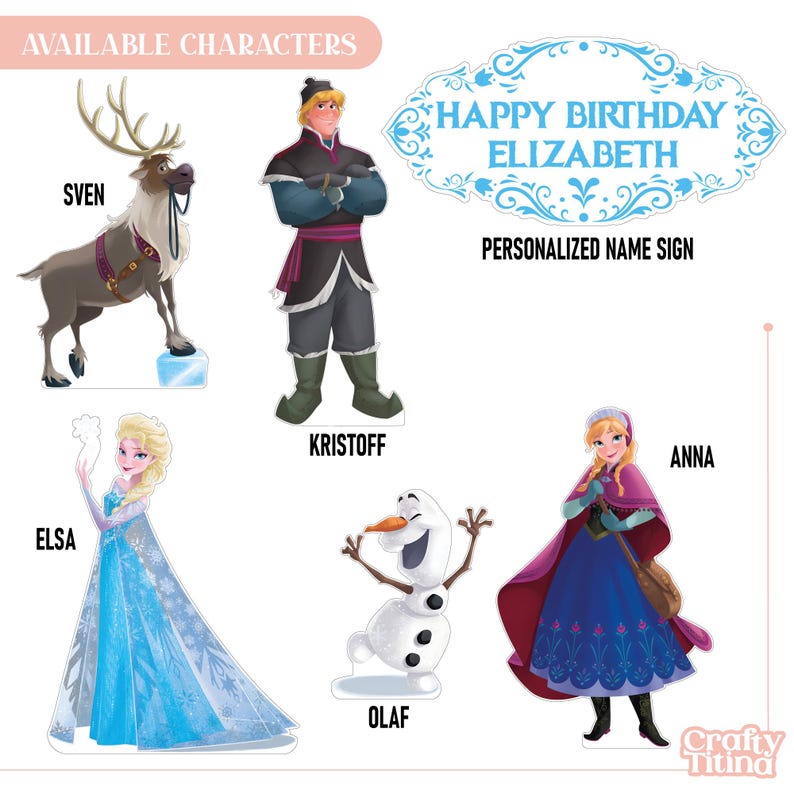 May include: A set of Frozen character cutouts including Sven the reindeer, Kristoff, Elsa in a blue gown, Olaf the snowman, and Anna in a winter outfit. The text reads AVAILABLE CHARACTERS, HAPPY BIRTHDAY ELIZABETH, and PERSONALIZED NAME SIGN.