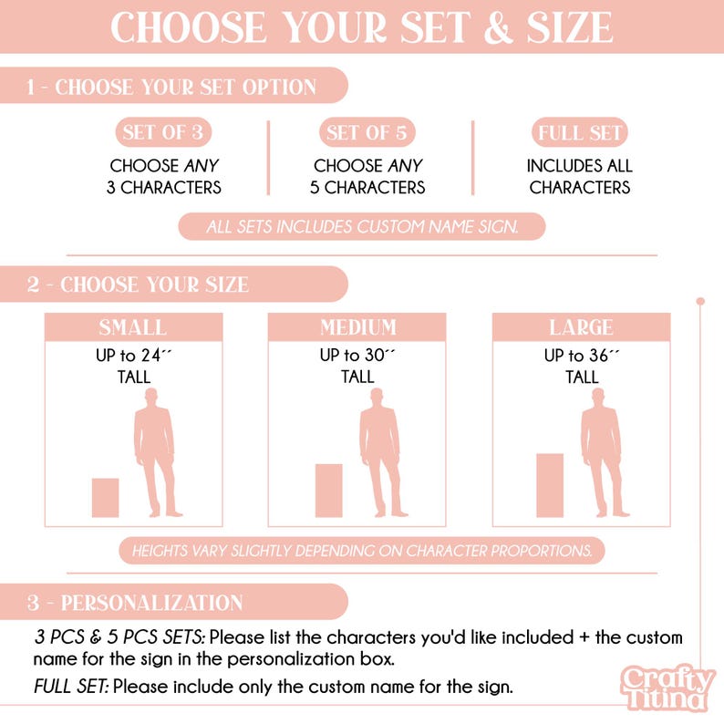 May include: An informational graphic with a light pink background and white text detailing product options. It outlines three set choices, three size categories ranging from 24 to 36 inches tall, and instructions for personalization for the Crafty Titina brand.