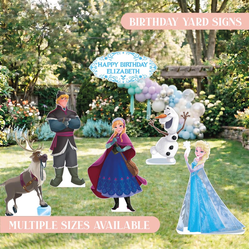 Frozen character yard signs displayed with Elsa, Anna, Olaf and Sven party standees for birthday celebration decor.