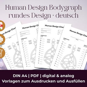 May include: A stack of white Human Design charts with black line drawings and text. The charts are labeled in German and include the text "Human Design Bodygraph" and "DIN A4 | PDF | digital & analog".