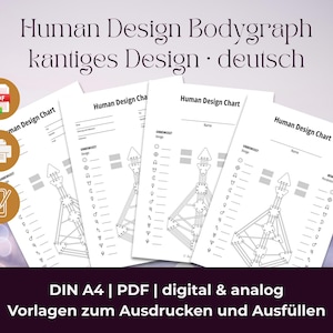 May include: Several white Human Design charts with black diagrams and text. The charts are labelled "Human Design Chart" and feature detailed diagrams and sections for personal data. Icons for PDF, printing, and digital use are also visible in the image.