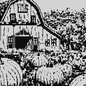 May include: Black and white pixel art of a barn with a curved roof, multiple windows, and a door. The barn is surrounded by trees and what appear to be pumpkins. The image has a grayscale color palette.