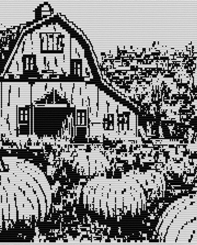 May include: Black and white pixel art of a barn with a curved roof, multiple windows, and a door. The barn is surrounded by trees and what appear to be pumpkins. The image has a grayscale color palette.