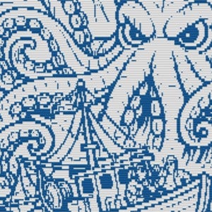 May include: A pixelated illustration of a sea battle. A large blue octopus with menacing eyes and tentacles looms over a small boat. The boat is filled with figures, and the scene is set against a white background.