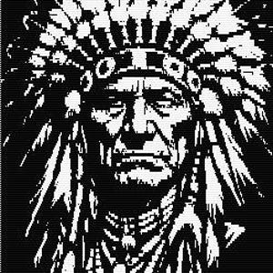 May include: A high-contrast black and white graphic illustration depicting the portrait of an individual wearing a traditional feathered headdress. The design features intricate line work detailing the facial features and the layered feathers.