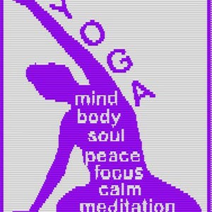 May include: A purple silhouette of a person in a yoga pose against a white background. The word YOGA is written diagonally in purple. Inside the silhouette, the words mind, body, soul, peace, focus, calm, and meditation are written in white.
