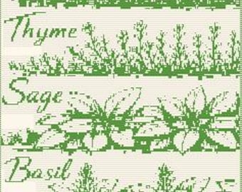 Vintage Cottagecore Herb Garden Afghan, Rosemary Thyme Sage Basil Design