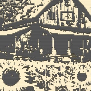May include: A pixelated image of a house with a gabled roof and a porch. The house is depicted in shades of gray and black against a beige background. The image has a vintage, retro aesthetic, reminiscent of a cross-stitch pattern.
