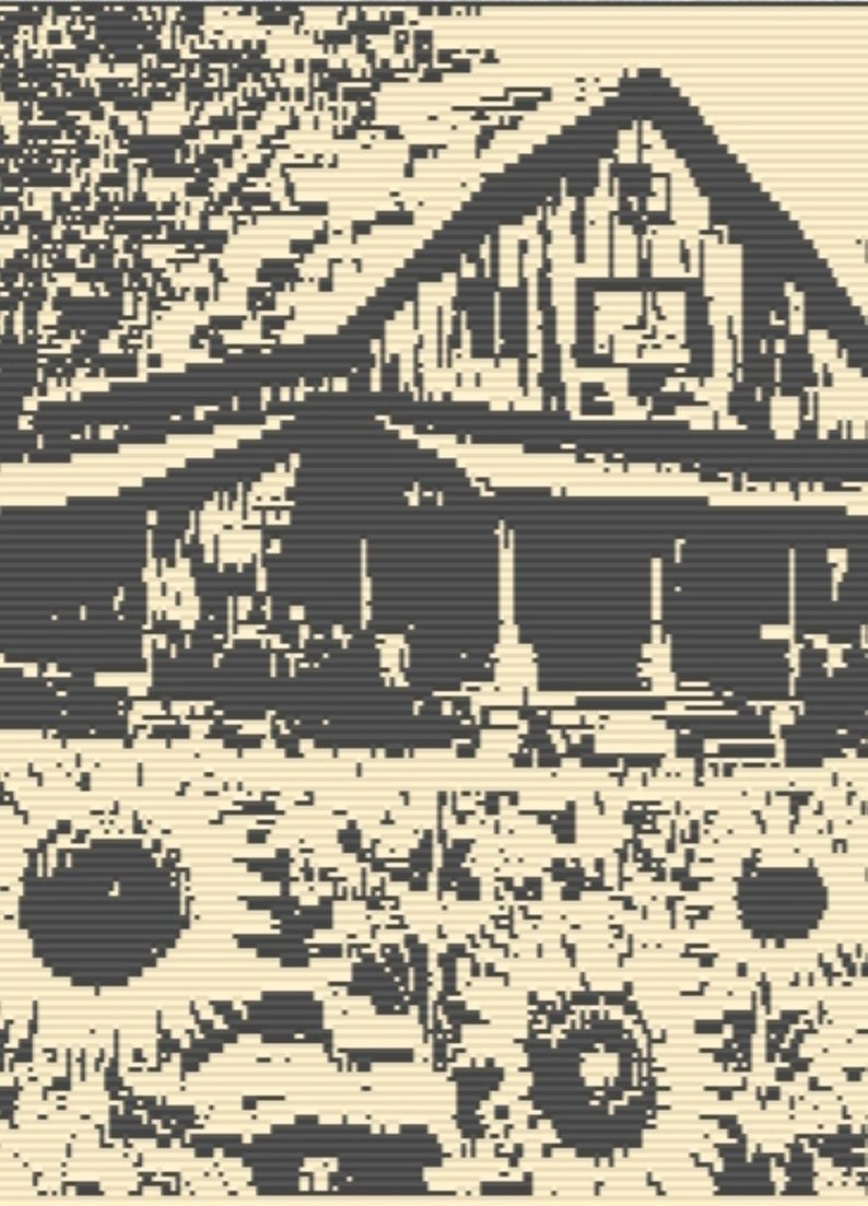 May include: A pixelated image of a house with a gabled roof and a porch. The house is depicted in shades of gray and black against a beige background. The image has a vintage, retro aesthetic, reminiscent of a cross-stitch pattern.
