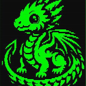 Może przedstawiać: Ilustracja w stylu pixel art przedstawiająca małego smoka w kolorze jaskrawej neonowej zieleni na jednolitym czarnym tle. Smok ma dużą głowę, spiczaste uszy, zakrzywiony ogon owinięty wokół ciała oraz teksturowane łuski wzdłuż grzbietu.