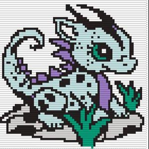 May include: A pixelated illustration of a baby dragon in shades of blue, purple, and green. The dragon is sitting on a gray rock with green grass. The dragon has large green eyes and a long tail.