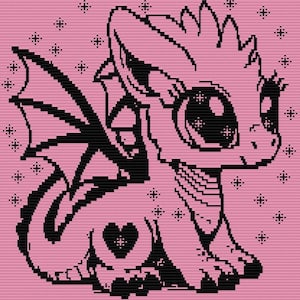 Może przedstawiać: Grafika w stylu pixel art przedstawiająca małego smoka w kolorze czarnym na różowym tle. Smok ma duże oczy, skrzydła i kształt serca na boku. Dookoła smoka rozsiane są małe, czteroramienne gwiazdki, tworzące wzór.