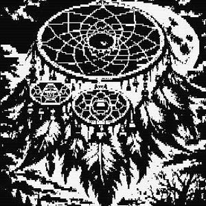 May include: A black and white cross-stitch pattern featuring a large dreamcatcher with intricate web detailing, multiple hanging feathers, and smaller circular accents. The design is set against a backdrop of a full moon and silhouetted trees.