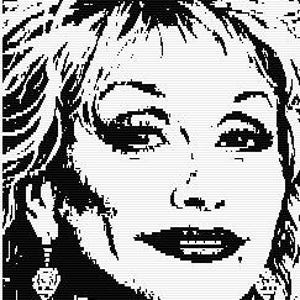 Puede incluir: Una ilustración gráfica en blanco y negro de alto contraste de un rostro con cabello voluminoso, cejas definidas, delineador de ojos marcado y labios oscuros. El retrato presenta pendientes colgantes y una estética pixelada.