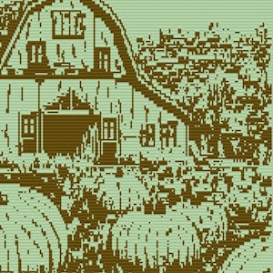 Op de afbeelding: Een gepixelde illustratie van een schuur en landschap in bruine en groene tinten. De schuur heeft een gebogen dak en ramen. De afbeelding heeft een vintage, handgemaakte esthetiek.