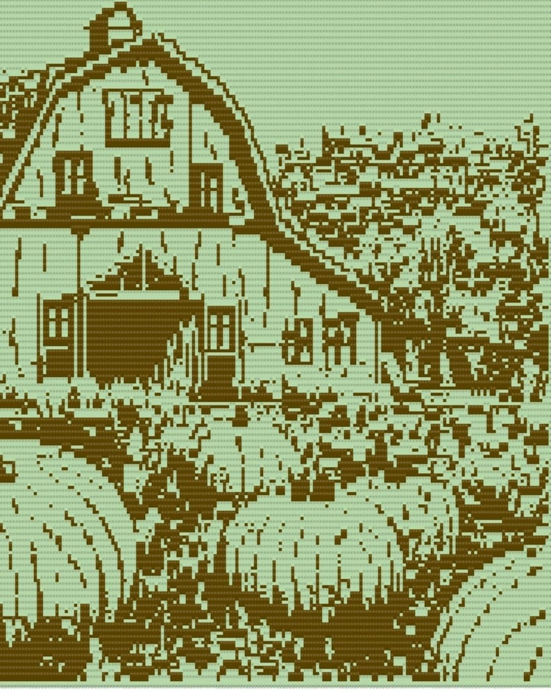 May include: A pixelated illustration of a barn and surrounding landscape in shades of brown and green. The barn has a curved roof and multiple windows. The image has a vintage, handcrafted aesthetic.