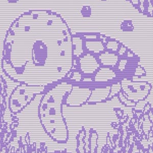 May include: A pixelated illustration of a sea turtle in shades of purple and gray. The turtle has a patterned shell and is surrounded by bubbles and aquatic plants. The design has a handmade, cross-stitch appearance.