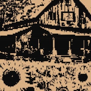 May include: Black and tan pixelated image of a house with a porch and a gabled roof. The house is surrounded by trees and a yard. The image has a retro, vintage feel.