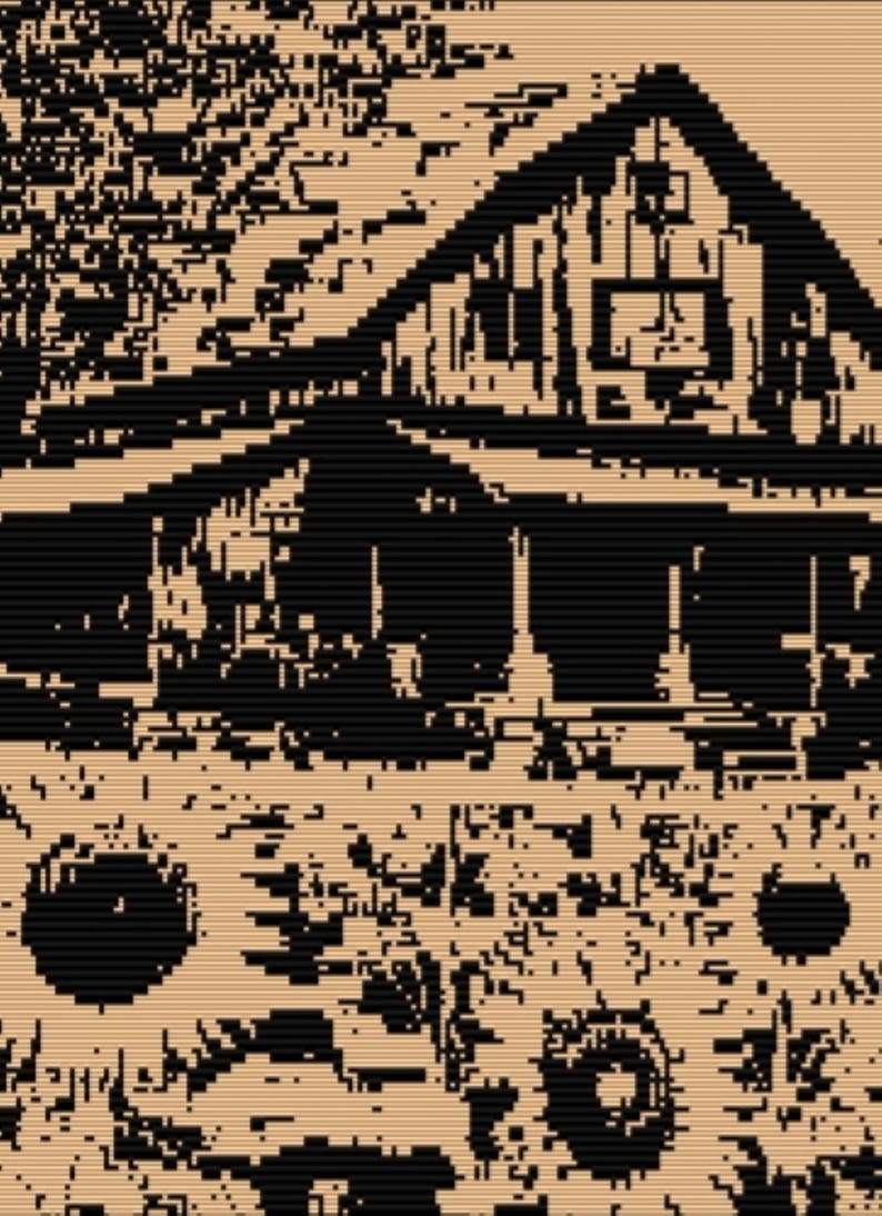 May include: Black and tan pixelated image of a house with a porch and a gabled roof. The house is surrounded by trees and a yard. The image has a retro, vintage feel.