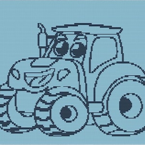 May include: A pixelated illustration of a cartoon tractor with large, friendly eyes and a smiling mouth. The tractor is dark blue against a light blue background. The design features large wheels and a detailed cab.